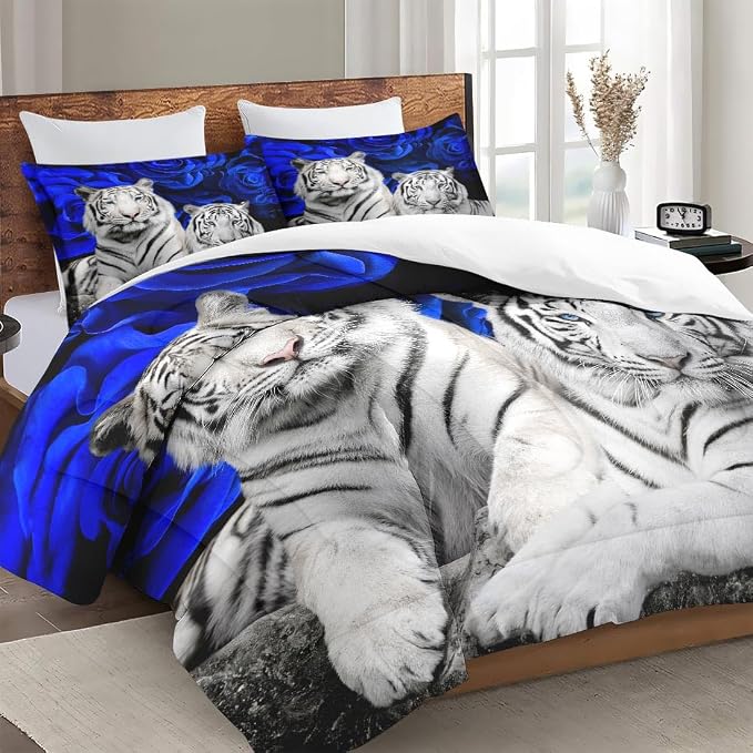 WeCozy Twin Size Comforter Set with Pillowcase, White Tiger Animal Cat 2 Pcs Bedding for Kids and Adults, Blue Rose Flower Background Soft Comforter Set for Bedroom Bed Decor