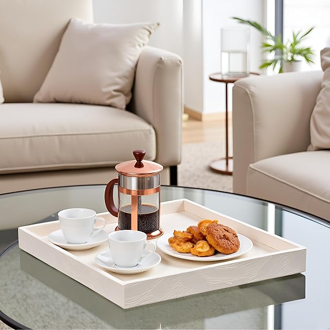 20 x 20 inches Luxury Leather Square Oversized Service Tray, Ottoman & Coffee Tray for Family Dinner, Out-of-House Picnic & Party (Beige)