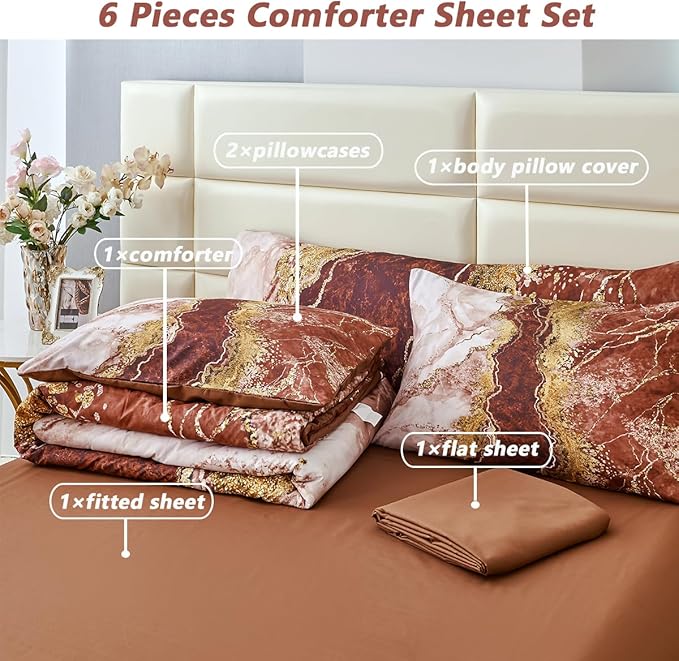 PERFEMET 6 Pcs Marble Comforter Set California King Watercolor Tie Dye Printing Bedding with Sheets Abstract Artwork Brown and Gold Bed in A Bag Complete Set(Coffee Brown, Cal King)