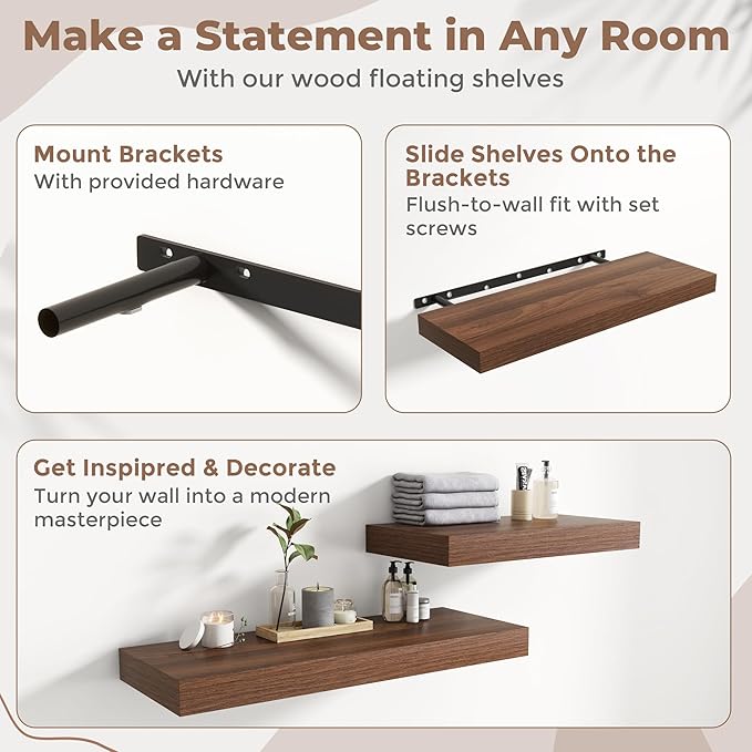 Marsmiles 12" Deep Floating Shelves for Wall with Invisible Brackets, Wall Mounted Engineered Wood Shelves with Wood Grain for Living Room, Bedroom, Kitchen Decor and Storage, 36" L Set of 1, Walnut