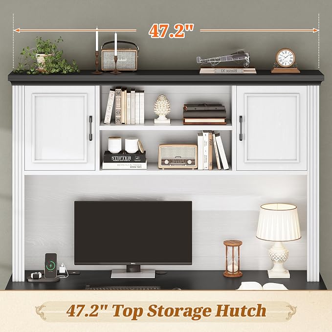 SEDETA Farmhouse Computer Desk with Hutch and 3 Drawers, 47.2" Executive Office Desk with Storage Drawers, Wood Desk with Power Outlet for Home Office, White