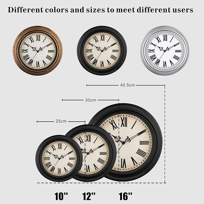 Plumeet Extra Large Retro Wall Clock, 16'' Non Ticking Classic Silent Vintage Wall Clocks Decorative Kitchen Living Room Bedroom, Roman Numerals, Battery Operated, Black