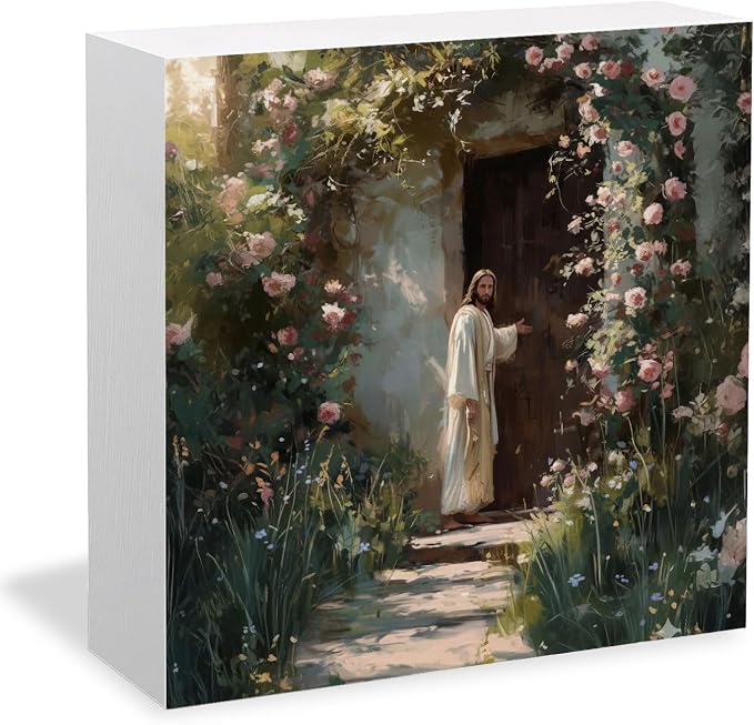 Jesus Knocking at the Door Christian Wooden Box Sign Desk Decor, Cottagecore Religious Jesus Wood Signs for Church Prayer Room Home Office Desk Table Shelf Decorations, 5x5 Inch