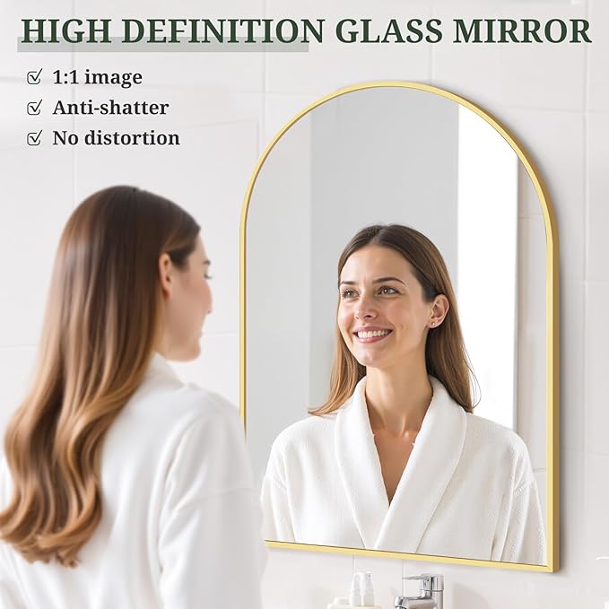 Arched Wall Mirror 36x24 Inch Gold Bathroom Vanity Mirror with Metal Frame, Modern Arch Mirror for Bedroom, Living Room, Entryway, Wall Mounted Decorative Mirror
