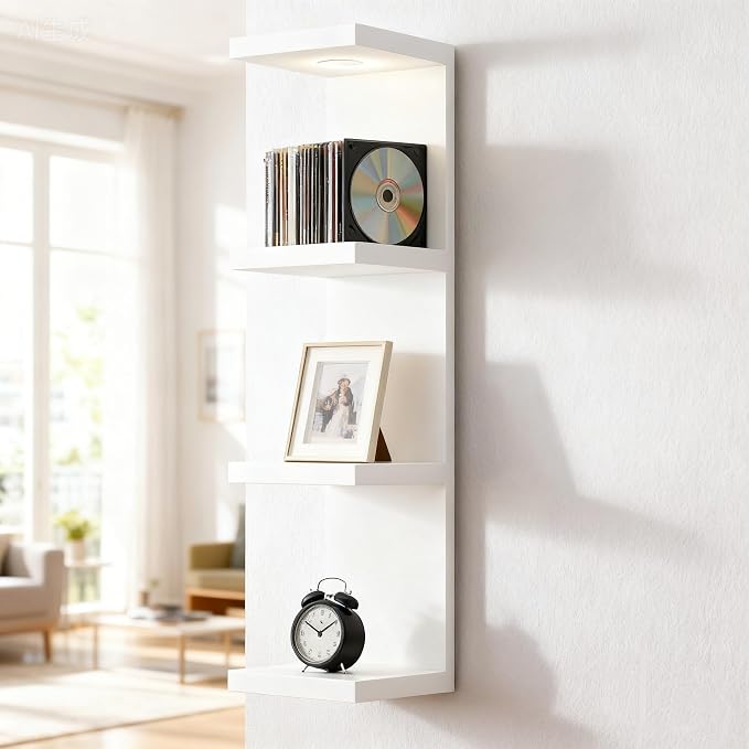 4 Tier Wall Shelf Unit White Floating Shelves with LED Lights,Lack Wall Shelf,Versatile Floating Shelves for Home Decor Organizer Books Decor