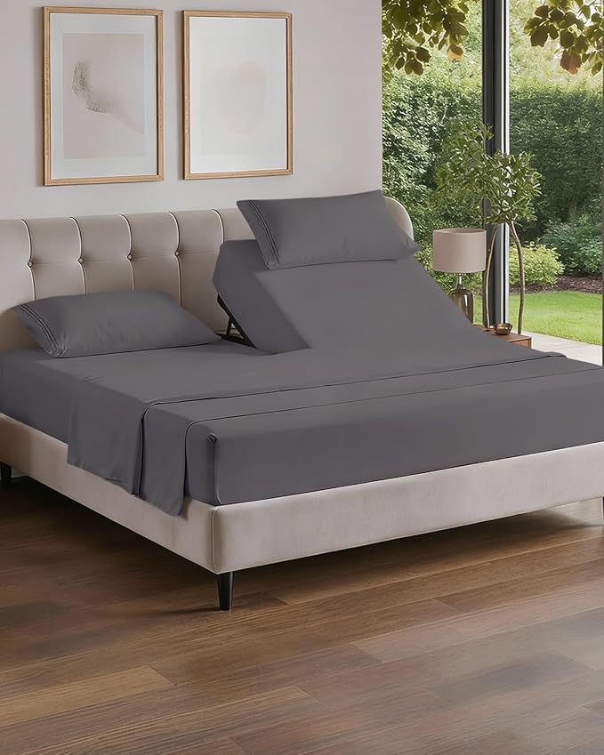 Flex Top Split Head King 4 Piece Sheet Set - Soft, Breathable & Cooling Bed Sheets Set - Hotel Luxury Bedding for Women & Men with Deep Pockets - Wrinkle Free & Fade Resistant - Oeko-Tex - Dark Grey