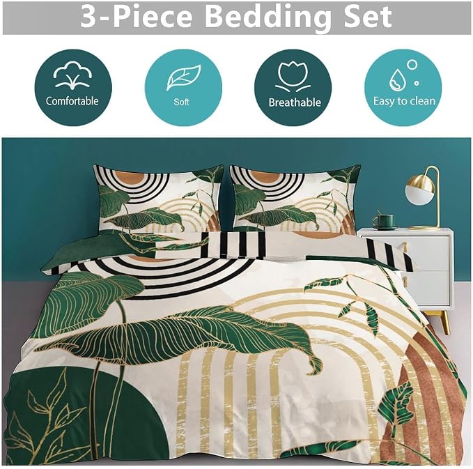 Boho Leaf Bedding Set,Mid Century Green Tropical Plant Palm Leaves Abstract Minimalist Geometic Arch Modern Comforter Set with Pillowcase for Bedroom Bed Decor,Queen 90"x90"
