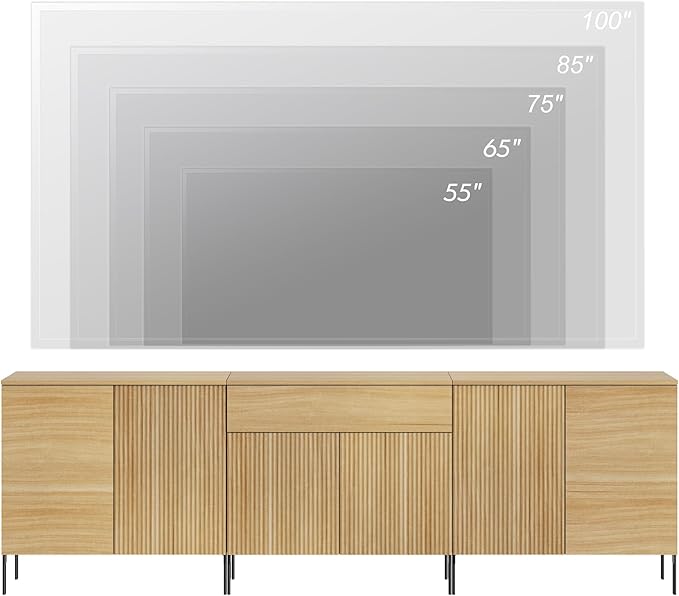 WAMPAT 94.5" Buffet Sideboard Cabinet with 1 Drawer & 6 Doors, 3-in-1 Fluted Storage Cabinet with Adjustable Shelves, Modern Buffet Table Coffee Bar Wine Bar Cabinet for Dining Room, Living Room, Oak