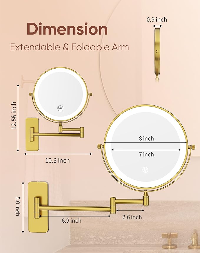 GURUN 8" Rechargeable Wall Mounted Makeup Mirror- 10X Magnifying Mirror with Light | 3 Color LED Lighting & Touch Control | 360° Rotation & Extended Arm | Dual-Sided Bathroom Mirror M1406DGJ(8",10X)