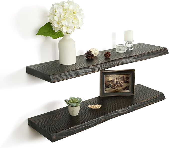 32 Inch Wooden Floating Shelves for Wall Set of 2, Finnish Spruce Solid Wood Shelf, Natural Wood Floating Shelves for Living Room, Bathroom, Bedroom, Kitchen, Country Brown Finish