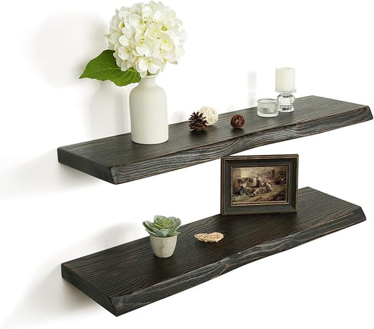 32 Inch Wooden Floating Shelves for Wall Set of 2, Finnish Spruce Solid Wood Shelf, Natural Wood Floating Shelves for Living Room, Bathroom, Bedroom, Kitchen, Country Brown Finish