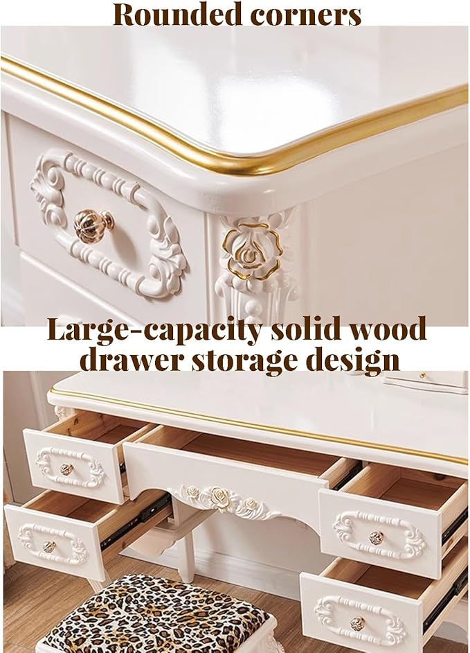 Dressing Table,Vanity Desk with Drawers and Cushioned Stool,Makeup Vanity Table Set with Mirror and Light,European Retro(C)