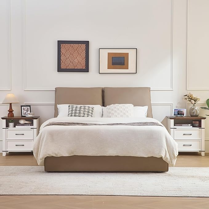 22" Nightstand, 2PCS Farmhouse Nightstand with 2 Drawers,Industrial Bedside Table with Open Shelf for Bedroom Living Room,Office Bed Side Tables Couch End Table,White