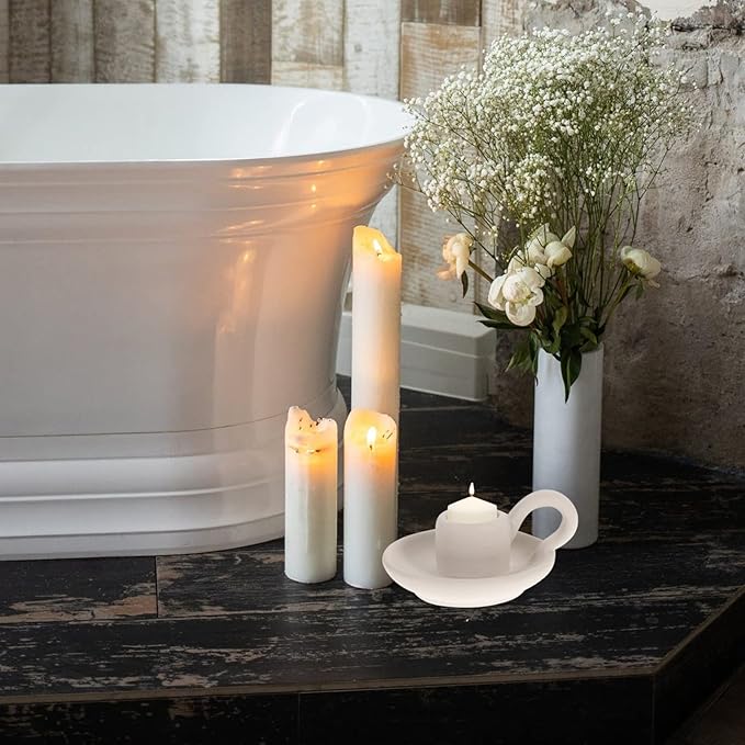 DOITOOL 2Pcs Ceramic Candle Holder Candlestick Holder with Handle, Taper Candle Stand Candlelight Stand Holder Decorative Candle Display Holder for Desktop Dining Room Home Decoration Display (White)