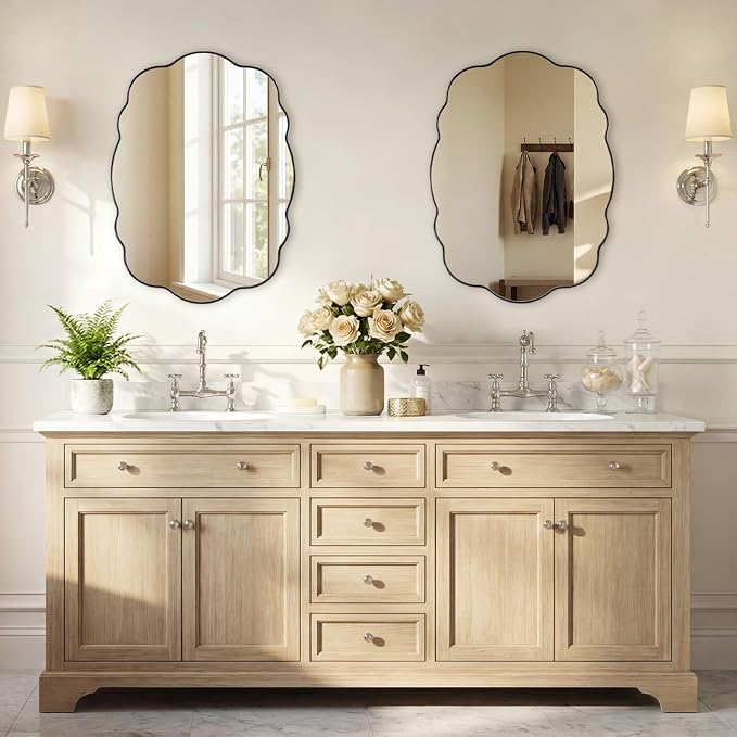 ANDY STAR Chrome Wavy Scalloped Mirror - 24x32 Inch Modern Oval Bathroom Mirror, Unique Irregular Wall Mirror with Heavy Duty SUS Metal Frame