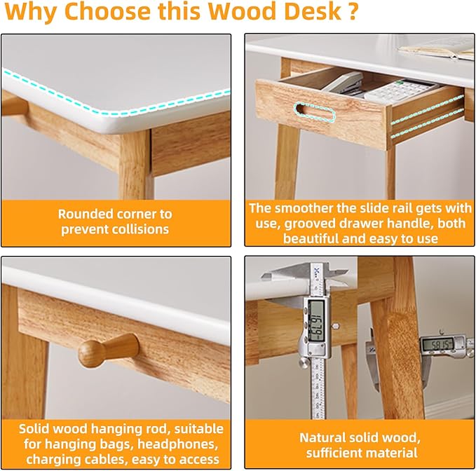Aibiju Computer Desk with 2 Drawers, 47" Solid Wood Home Office Writing Desk, Compact Simple Tables with Hook for PC, Laptop, Students, Study, Makeup, Bedroom White + Natural Wood Legs YD-WD03WN