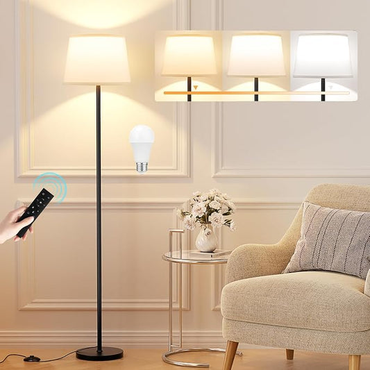 Raexpectis Modern Floor Lamp with Adjustable Brightness, Remote Control, Black, LED Bulbs, White Shade, Foot Switch, Easy Assembly
