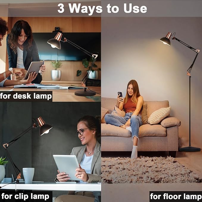 FIRVRE LED Floor Lamp with Remote Control, Dimmable Industrial Floor Light, 3 Usage Modes - Floors Lamp, Table Lamp and Clip Lamp,Pole Lamp for Living Room, Bedroom, Office (LED Bulb Included)