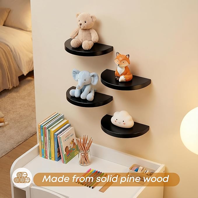 Small Wood Floating Shelves (4-Pack, 6-inch Diameter) - Round Sturdy Invisible Wall Mount Display for Small Plants,Toys,Bathroom,Living Room Storage & Modern Rustic Décor (Black)