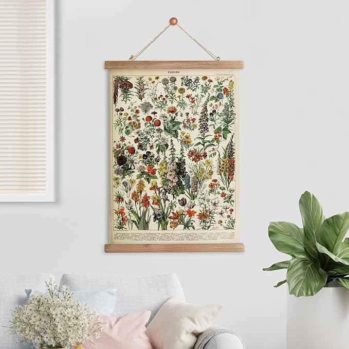 XIAOAIKA Vintage Wildflower Hanging Poster with Wooden Frame, Retro Style Wall Decor Detailed Floral Illustration- Educational Botany Wall Art for Gardeners Home Decor Classroom 12 x 16 Inches