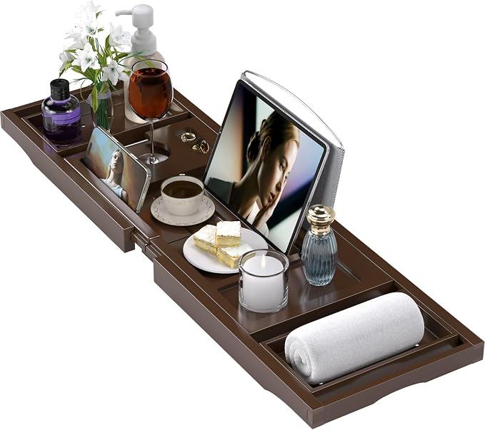 Bathtub Tray Caddy, Expandable Bath Trays for Tub, Bamboo Shelf & Table with Wine Glass Holder,Bathroom Accessories for New Home & Mothers Day & Birthday Gifts for Mom,Brown