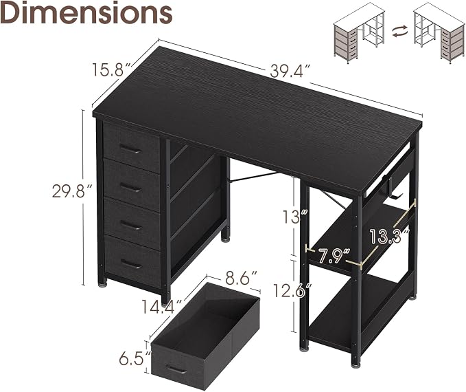 Casaottima 40 Inch Small Computer Desk with 4 Fabric Drawers, Modern PC Desk for Small Spaces, Home Office Desk with Storage Shelves, Black