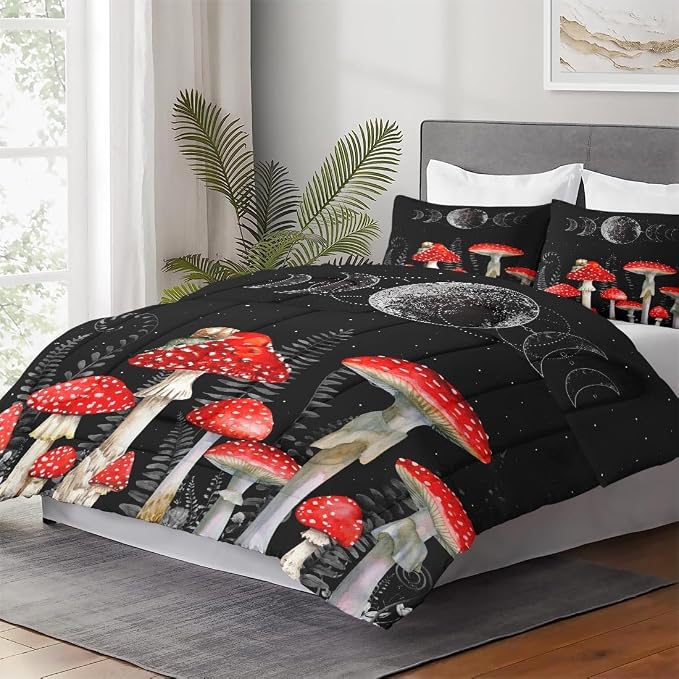 WeCozy Comforter Set Queen Size with 2 Pillowcases, Wildflower Dandelion Mushroom 3 Pcs Bedding for Kids and Adults, Summer Moon Flower Phases Soft Comforter Set for Bedroom Bed Decor
