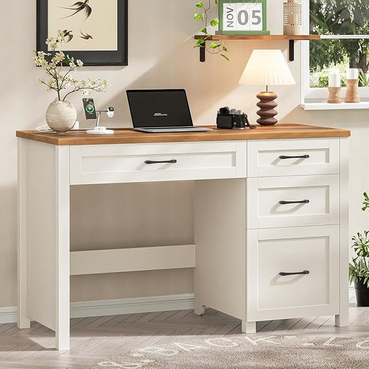 Vabches Farmhouse 47" Executive Desk, Computer Desk with File Drawer and Charging Station, Workstation for Home Office & Study.Unique White