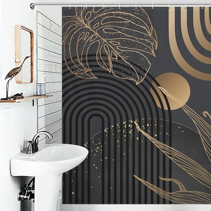 Dark Black Gold Shower Curtains,Mid Century Abstract Tropical Plant Minimalist Modern Geometric Palm Leaf Simple Waterproof Fabric Bathroom Shower Curtain Set with Hooks,72x72Inch (183x183cm)