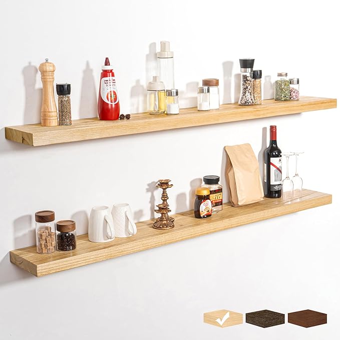RICHFOCUS Rustic Wooden Floating Shelves for Wall - 55 Inch Wood Shelves Set of 2-7.9 Inch Deep Solid Paulownia Wood Wall Mounted Shelves with Upgraded Metal Brackets for Room Decor, Natural