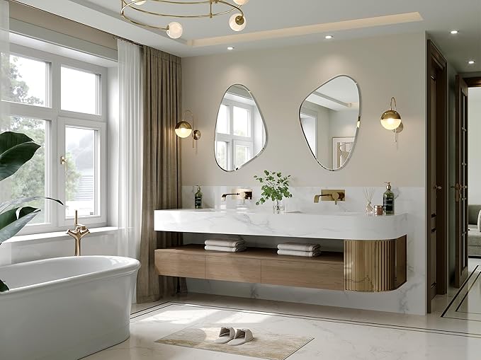 Frameless Asymmetrical Beveled Wall Mirror, 28"x40" Irregular Frameless Bathroom Oval Wall Mirrors, Abstract Wavy Mirror for Over Sink, Bedroom, Living Room, Hung Horizontally or Vertically