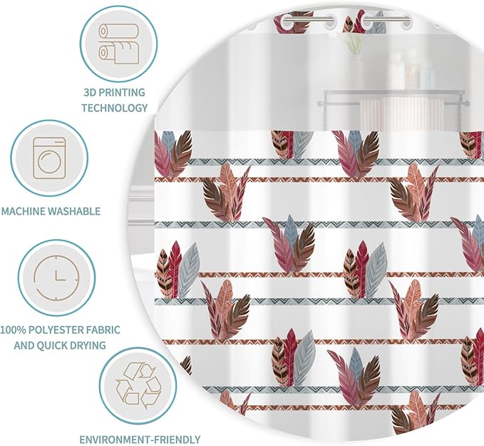 No Hooks Boho Tribal Shower Curtain with Snap in Liner Feathers Bohemian Shower Curtains for Bathroom Decorative Geometric Stripes Aesthetic Fabric Waterproof Inner Liner 71x74 Inch