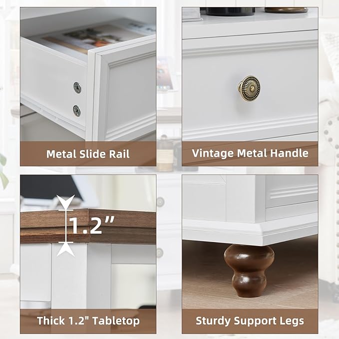 24" Wide Farmhouse Night Stand Set of 2,Large End Table with 2 Drawers & Metal Handle,White Wood Dresser for Bedroom, Bed Side Table Chest of Drawers Cabinet, Nightstand for Living Room,Closet