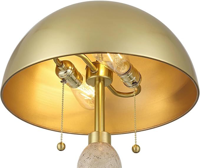 Possini Euro Design Chanterelle 24 1/2" High Mushroom Mid Century Modern Table Lamp Pull Chain Beige Faux Stone Finish Single Brass Dome Shade Living Room Bedroom Bedside Nightstand House Office