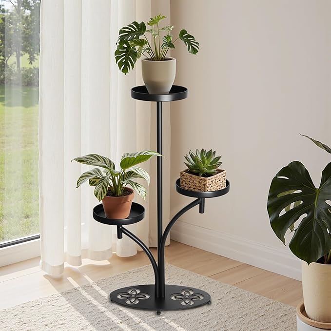 Indoor 3 Tier Black Plant Stand, Tall Metal Plant Stand, Heavy-duty Base in the Shape of a Four-leaf Clover, Layered Modern Flower Pot Rack, Suitable for Courtyards, Patios, Living Rooms, Bedrooms