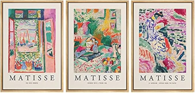 wall26 Framed Canvas Wall Art Print Set French Floral Rainbow Landscapes Henri Matisse Nature Plants Illustrations Modern Relax/Calm Multicolor for Living Room, Bedroom, Office - 16"x24"x3 Natural