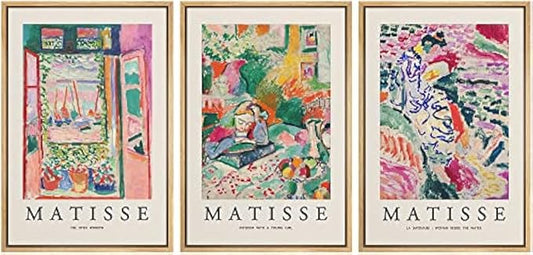wall26 Framed Canvas Wall Art Print Set French Floral Rainbow Landscapes Henri Matisse Nature Plants Illustrations Modern Relax/Calm Multicolor for Living Room, Bedroom, Office - 16"x24"x3 Natural
