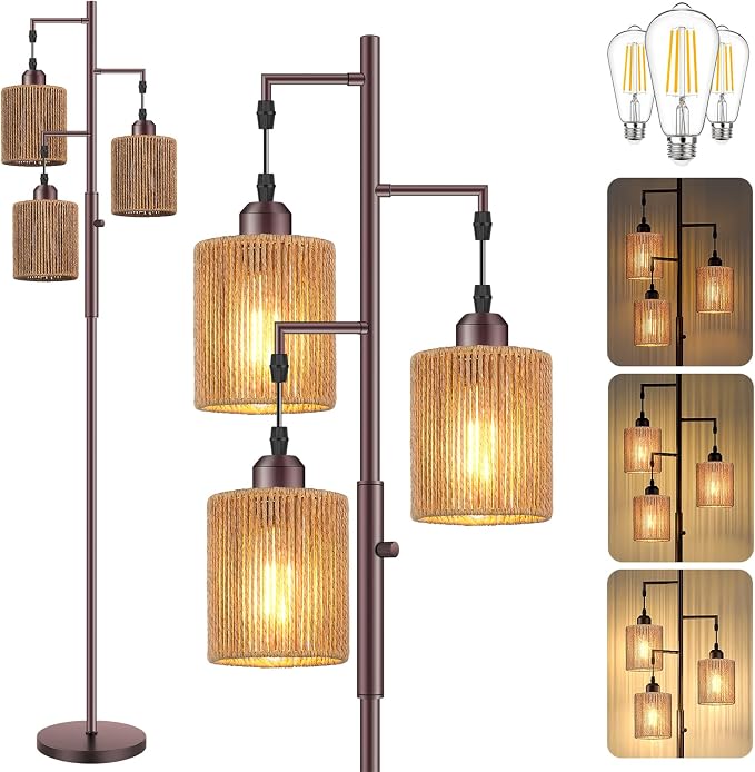 Hotsonic 72" Tall Boho Rattan Style Floor Lamp with Hand-Woven Paper Cord Shade, Dimmable Industrial Tree Standing Lamp for Living Room, Bedroom, Study Room, Office (3 x 800LM Bulbs Included) - Brown