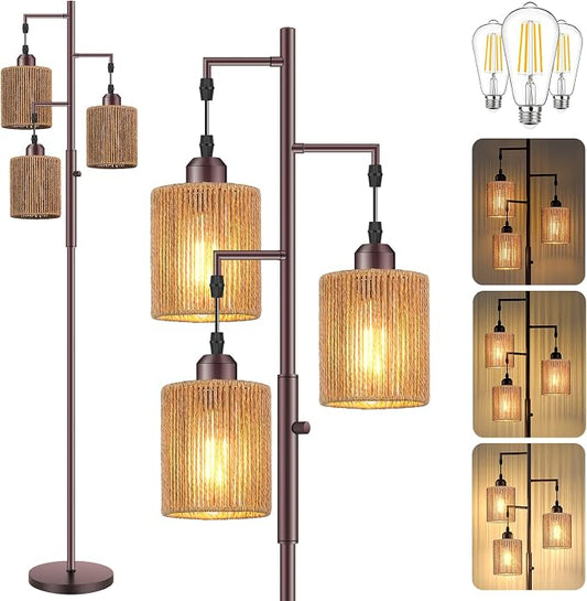 Hotsonic 72" Tall Boho Rattan Style Floor Lamp with Hand-Woven Paper Cord Shade, Dimmable Industrial Tree Standing Lamp for Living Room, Bedroom, Study Room, Office (3 x 800LM Bulbs Included) - Brown