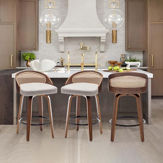 26" Swivel Rattan Bar Stools Set of 3 Mid-Century Modern Beige Linen Fabric Upholstered Counter Height Stools,Kitchen Island Barstools with Rattan Low Backrest,Walnut Wood Finish Bar Chair