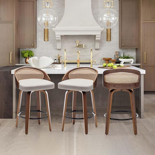 26" Swivel Rattan Bar Stools Set of 3 Mid-Century Modern Beige Linen Fabric Upholstered Counter Height Stools,Kitchen Island Barstools with Rattan Low Backrest,Walnut Wood Finish Bar Chair