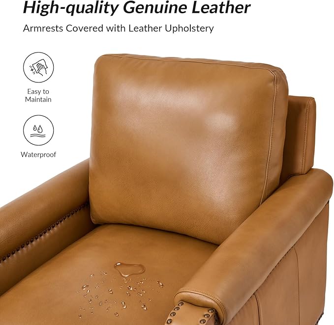HULALA Home Genuine Leather Accent Chair with Wooden Legs & Nailhead Trim, Comfy Upholstered Armchair with Removable Cushion & Rolled Arms Set of 2 (Camel)