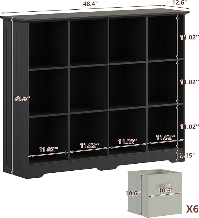 VORONOI 12 Cube Storage Organizer with 6 Fabric Drawers and Removable Shelves — Modular Cube Bookshelf for Bedroom, Living Room, or Home Office, Short Cube Bookcase for Toys, Decor, Black