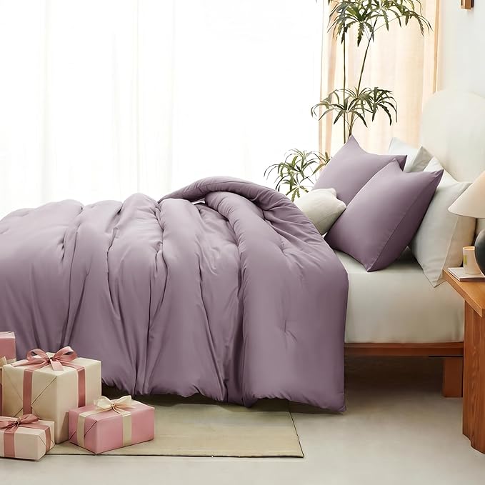 CozyLux Oversized Queen Comforter Set Dusty Purple, 3 Pieces 98"x98" Lightweight Down Alternative Quilted Bedding Sets, Grayish Purple All Season Solid Comforter with 2 Pillowcases, Bed Set Home Gift