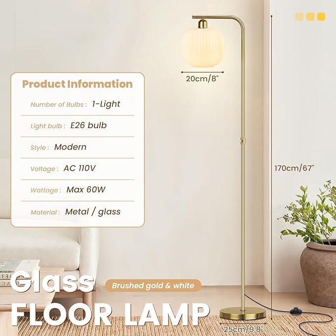 Floor Lamp for Living Room, Mid Century Modern Stadning Lamp with Cream White Glass Shade, Dimming and Pedal Switch, 67" Gold Tall Lamps for Bedroom Office Study Room