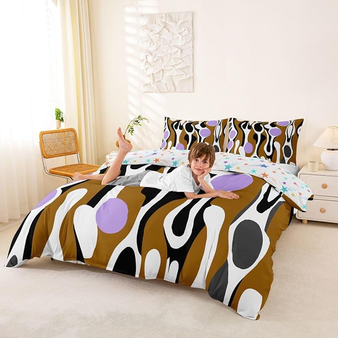 Erosebridal Organic Abstract Duvet Cover Set Modern Contemporary Full Size Bedding Sets for Kids Boys Boho Mid Century Wavy Lines Comforter Cover Retro Geometric Bed Set,Brown Lavender