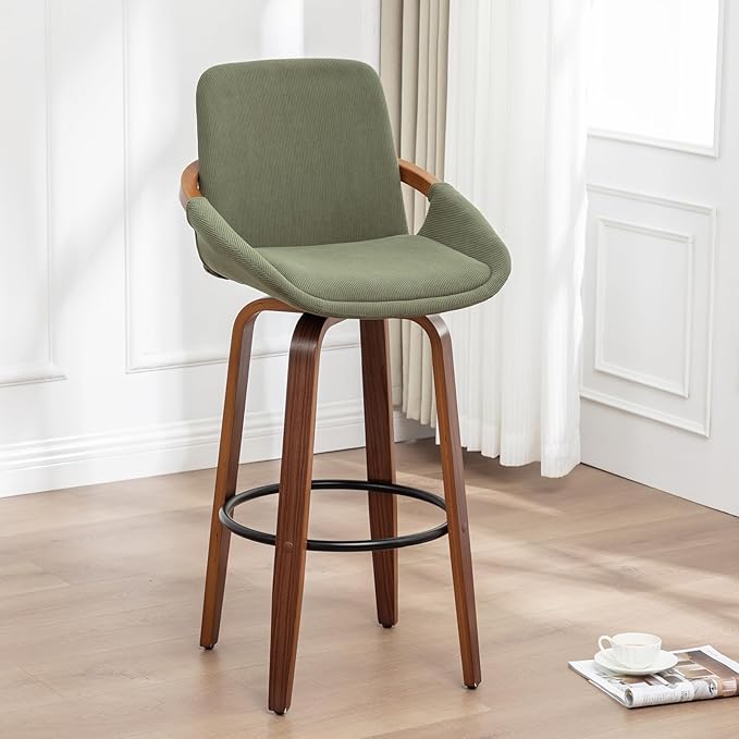 LUNLING 29.5" Bar Height Barstools,Mid Century Modern Retro Bar Chairs Green Corduroy Fabric Upholstered and Walnut Wood Frame for Home Bar Furniture(Green,1PCS)
