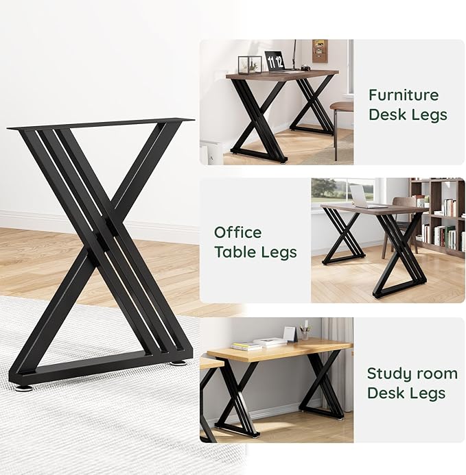 Metal Table Legs 28" H x 24" W Furniture Desk Bench Dining Table Legs Z Shape Heavy Duty Legs with Adjustable Feet Set of 2 Black
