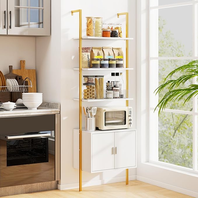 Giantex 5-Tier Wall-Mounted Ladder Shelf, 72.5" Tall Bookshelf w/ 2-Door Cabinet, Modern Style Kitchen Open Shelving Organizer, Heavy-Duty Metal Frame Display Rack for Living Room,White & Gold
