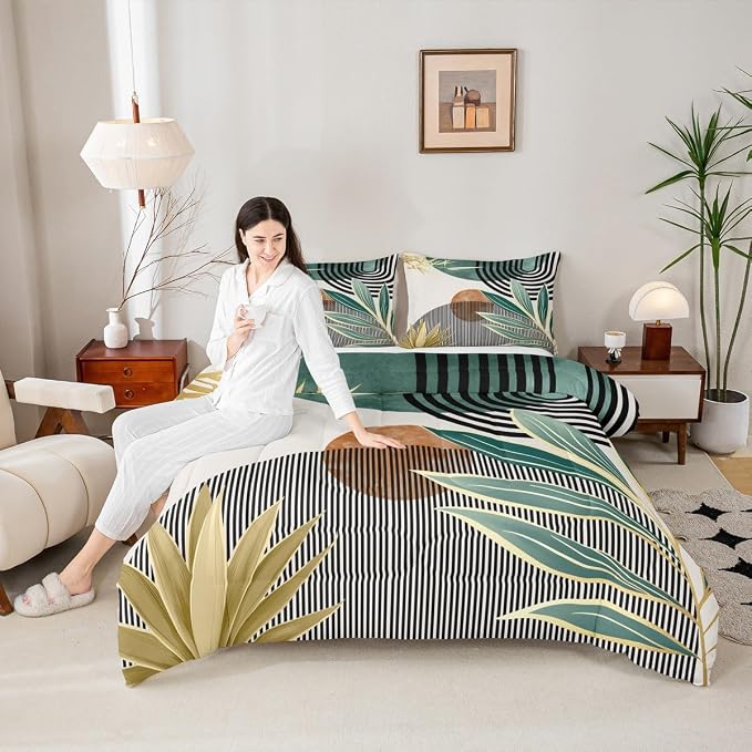 Erosebridal Boho Mid Century Comforter Set King Modern Abstract Geometric Bedding Set,Retro Minimalist Aesthetic Down Comforter Line Art Duvet Insert for Women Men,Green Room Decor